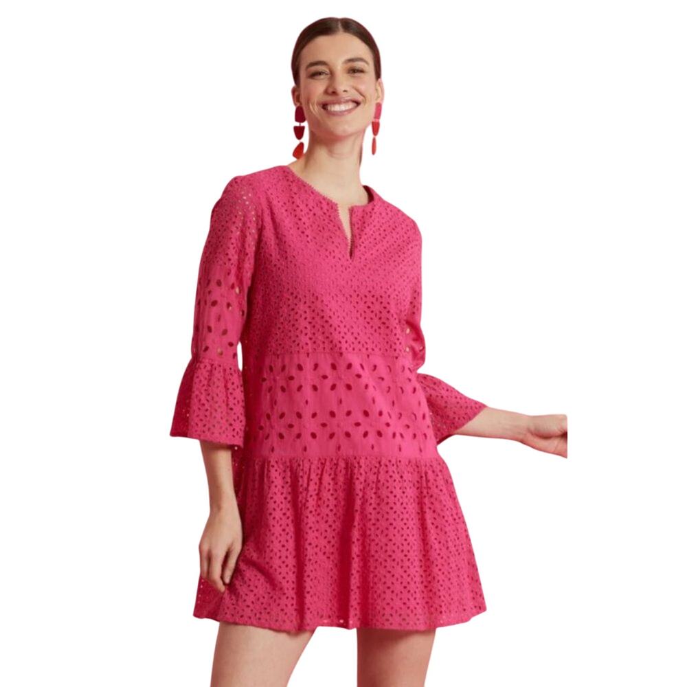 tyler boe Isla Woven Eyelet Split V-Neck 3/4 Bell Slv Tiered Drop Waist Dress XS